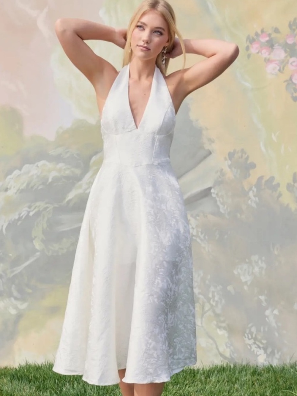 JACQUARD HALTER NECKLINE FLORAL LACE UP MAXI DRESS Size XXS